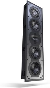 Altavoz empotrable en pared Perlisten S7i-LR, vista en perspectiva, frontal con 4 altavoces de membrana texturizada y 1 tweeter central