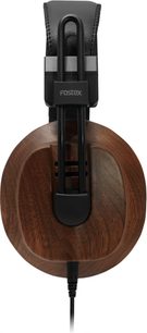 Fostex T60RP Mk2 hi-fi-hovedtelefon med stor brun træørekop og sort polstret hovedbøjle, close-up sidevisning