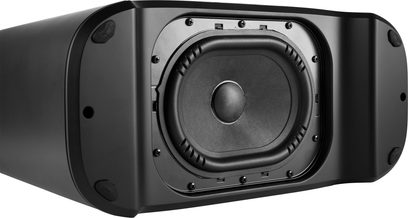 Polk Audio MagniFi Mini AX sort soundbar, set forfra, cirkulær midterhøjttaler, metalrist, knapper på toppen