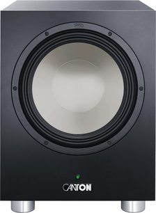 Canton Smart Sub 8 svart subwoofer, vy framifrån, stor ljus högtalare, cylindriska metallfötter, grön LED