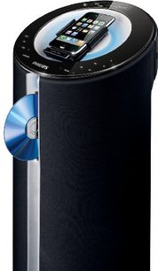 Philips DCM580 sort multimedieanlæg set forfra og oppefra med integreret CD-afspiller og iPhone placeret i dockingstationen