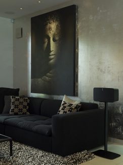 Lavagna nera con volto scultoreo, divano nero con cuscini a motivi floreali, tappeto grigio testurizzato, altoparlante nero su supporto.
