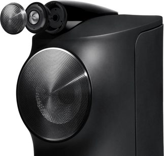 Bowers & Wilkins Formation Duo sort højttaler, nærbillede forfra, cirkulære højttalere, central diskant, mat sort kabinet