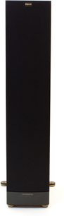 Sort Klipsch RF-82 MkII gulvhøjttaler, set forfra, sort gitter, forgyldt base og top, på en mørkegrå sokkel