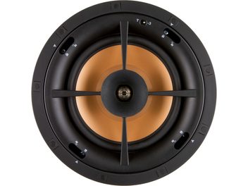 Klipsch PRO-180-RPC indbygget højttaler, frontvisning, sort rund højttaler med centralt placeret gylden diskant i en sort ramme