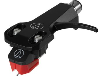 Audio-Technica AT-VM95ML/H black phono cartridge on headshell with red stylus for turntable