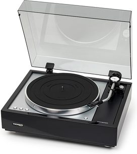 Hi-fi turntable TD 1601 with TP 160 black, transparent raised cover, silver circular platter, curved tonearm