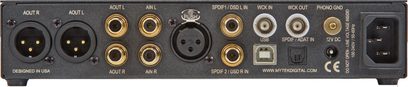 Mytek Brooklyn DAC+ sort audio-konverter, bagside, digitale og analoge audio-stik, USB, strømforsyning