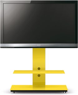 Gul og sort TV-møbel med fladskærm, på sorte metalben, 2 gule hylder, moderne og strømlinet design