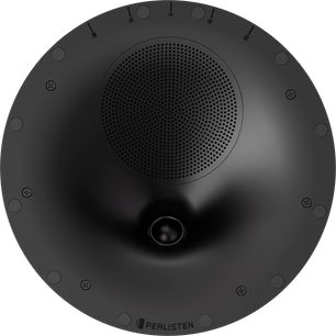Indbygningshøjttaler til loft Perlisten R2ic, set forfra, cirkulær, sort finish, perforeret central gitter, 9 synlige skruer