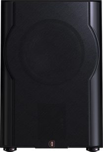 Subwoofer R210s, Frontansicht, schwarze strukturierte Oberfläche, zentrale runde Abdeckung, rechteckiges Logo unten, sichtbare Standfüße