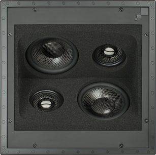 Enceinte encastrable Sonance R1CSUR, vue de face, 4 haut-parleurs circulaires noirs dans un cadre carré gris foncé texturé