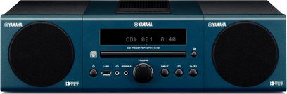 Yamaha MCR-040 dark blue mini hi-fi system, front view, LCD display, control buttons and knobs, integrated speakers