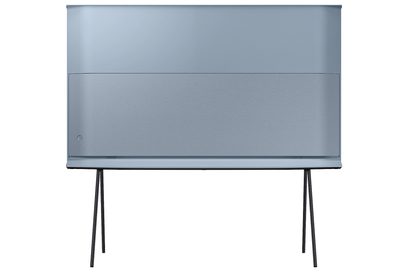 Samsung The Serif QE65LS01BB 2022 TV, frontvisning, ensfarvet grå skærm, tynde sorte metalben