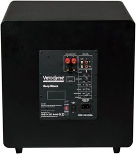 Subwoofer Velodyne Deep Waves negro visto desde atrás, panel de conexión con bornes y controles