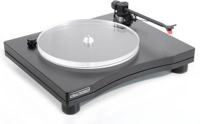 New Horizon 202 pladespiller i sort, sølvfarvet cirkulær pladetallerken, sort tonearm, rektangulær sort blank base
