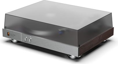 JBL TT350 pladespiller set forfra, metallisk grå chassis, sort pladedrev, tonarm, betjeningsknapper og tilslutninger på forsiden