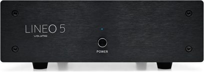 Zasilanie oddzielne dla elektroniki HI-FI Volumio Lineo5, widok z przodu, prostokątna czarna obudowa, centralny przycisk, 4 śruby
