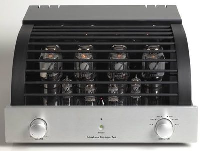 PrimaLuna DiaLogue Two sidabrinės spalvos stereo hi-fi stiprintuvas, priekinis vaizdas, 8 lempos, 2 sukamieji rankenėlės, juoda priekinė dalis, sidabrinis korpusas