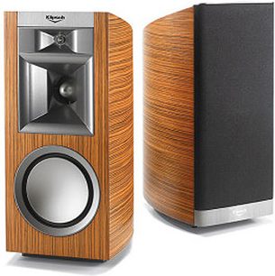 Klipsch P-17B naturlig træ bogreolhøjttaler, sort højttaler, sølvfarvet diskant, set forfra og fra siden