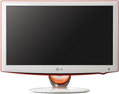 LG 22LU5000 højdefinitions-TV, sort skærm, rund rød højglans-base, set forfra