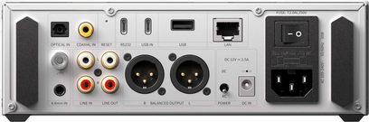 FiiO K15, πίσω πλευρά, ασημί μέταλλο, θύρες RCA, XLR, USB-A/C, RJ45, οπτική, ομοαξονική, 4,4 mm, IEC, διακόπτης