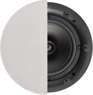 Q Acoustics QI65C loftshøjttaler set forfra, sort højttaler, diskantdome, hvidt gitter