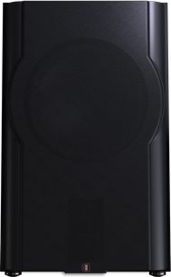 Subwoofer Perlisten D215s čierny lakovaný, pohľad spredu, textilná mriežka pokrývajúca povrch, zaoblené kontúry, centrálne logo