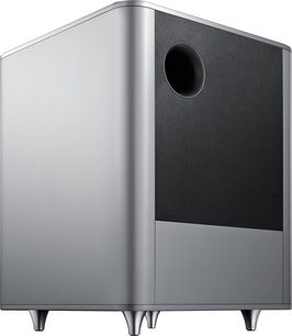 Metalgrå Samsung HW-F551 soundbar, set forfra, rektangulær langstrakt form med centralt rundt sort højttaler