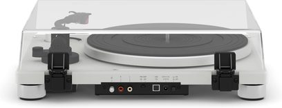 Mat beyaz Sonoro Platinum pikap, şeffaf kapaklı, arka kısımdan RCA ve USB bağlantıları görünümü