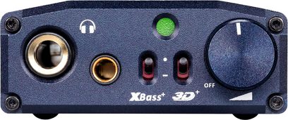 Bærbar iFi Audio iDSD Micro Signature audio-konverter i mørkeblå, set forfra, med stik, vælgere og LED'er