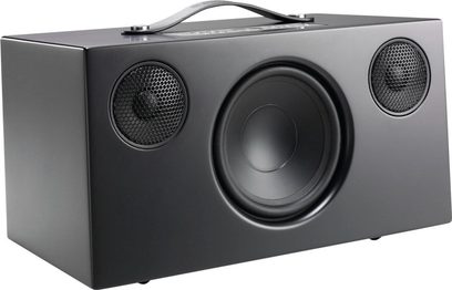 ADDON C10 sort Audio Pro højttaler, set forfra, rektangulært mat sort kabinet, to runde højttalere med sort gitterbeskyttelse