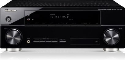 Front view of Pioneer VSX-820 black home theater receiver, blue display, silver buttons, headphone and iPod jacks