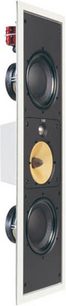 Vestavný reproduktor Bowers & Wilkins Sig 8NT, pohled zepředu, černá obdélníková skříň s dvěma zlatými kulatými reproduktory