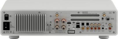 Sistema de alta fidelidad Sonoro Maestro Quantum blanco mate - plata, vista frontal, con lector de CD, puertos USB y HDMI, botones y ruedas de ajuste