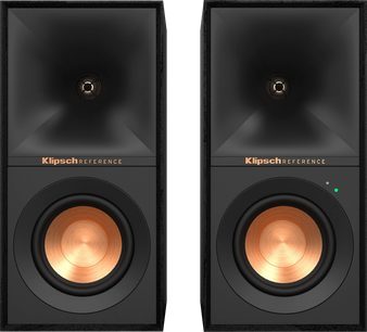 Par aktive Klipsch Reference R-40PM monitorhøjttalere i sort, blank front, kobberbelagte bashøjttalere, diskanthøjttalere