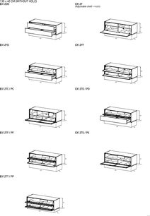 Tekniske diagrammer over forskellige konfigurationer af Sonorous Elements EX12 audio-/videomøblet, med dimensioner i cm