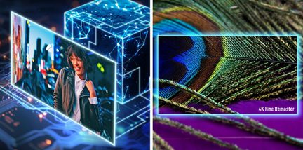 Blue digital montage, on the left a suspended frame with an urban photo of a woman in a leather jacket against a background of cubes and circuit lines, on the right a colorful high-definition close-up of a peacock feather with the inscription “4K Fine Remaster,” front view
