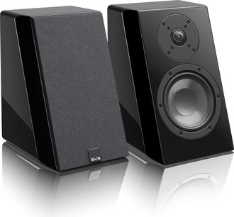 Två svarta lackerade SVS Ultra Elevation Dolby Atmos-högtalare, trapetsformade, på en reflekterande yta