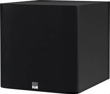 Bowers & Wilkins ASW608 sort subwoofer, kubisk form, afrundede hjørner, mat sort finish, hvidt "B&W" logo