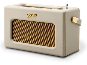 Radio de sobremesa Roberts Revival iStream 3L en crema de cuero sintético granulado, gran rejilla frontal metálica dorada, logo dorado, dos botones superiores a juego con antena telescópica, fijación lateral de correa dorada, vista frontal tres cuartos derecha