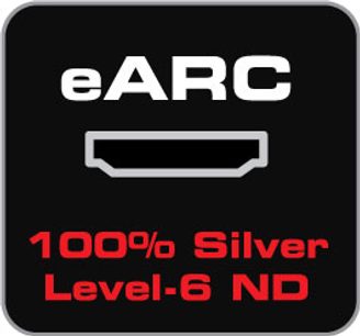 HDMI-kabel Audioquest Dragon eARC 48Gbps 72v DBS 1m. Hvidt eARC-logo på sort rektangulær baggrund. Rød tekst "100% Silver Level-6 ND"