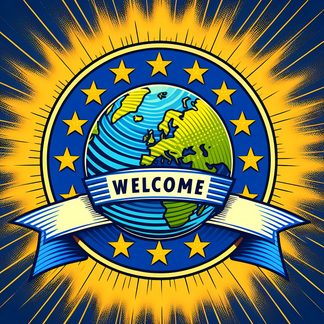 Emblema circular azul e amarelo com estrelas, globo terrestre estilizado e texto "WELCOME" sobre fundo radiante amarelo
