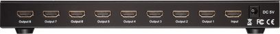 HDMI-switch Lindy 38059 1 til 8 porte, frontpanel, frontvisning, med 8 nummererede udgange, 1 indgang og 1 strømstik