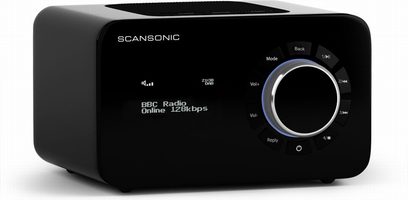 Sort digital radio Scansonic SC-R4, frontpanel, blå LCD-skærm, 5 kromfarvede knapper, metalgitter til højttaler