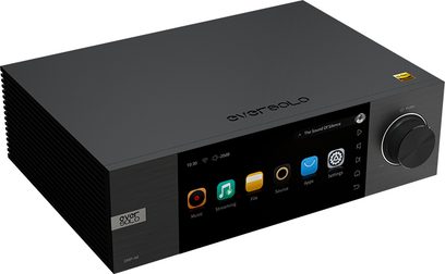 EverSolo DMP-A6 svart nätverksljudspelare, framifrån, med färgskärm, knappar och kontrollvred