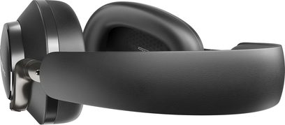 Trådløs hovedtelefon Bowers & Wilkins Px8 sort, set fra venstre profil, ovale ørepuder i sort læder, polstret hovedbøjle i sort
