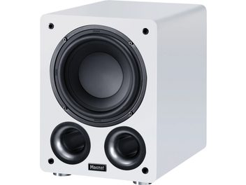 Hvid Alpha RS 8 subwoofer med rektangulært kabinet, sort cirkulær højttaler og 2 runde bass-reflex-porte på fronten