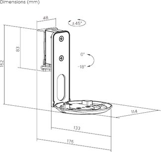Sort vægmonteret roterende højttalerstøtte, set fra siden, angivne dimensioner, hældning ±45°, højde 152 mm, dybde 175 mm