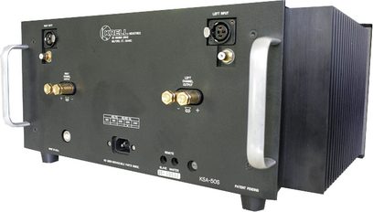 Krell KSA-50S stereoeffektforstærker, sort frontpanel med forgyldte knapper og stik, set forfra